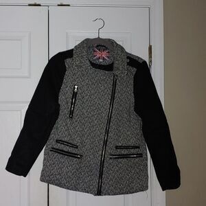 Miss London wool blend moto zip up herringbone jacket Sz L